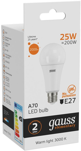 Лампа светодиодная Gauss Elementary 25Вт цок.:E27 груша 220B 3000K св.свеч.бел.теп. A67 (упак.:10шт) (73215)