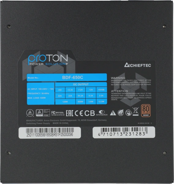 Блок питания Chieftec ATX 650W Proton BDF-650C 80+ bronze (24+4+4pin) APFC 140mm fan 6xSATA Cab Manag RTL