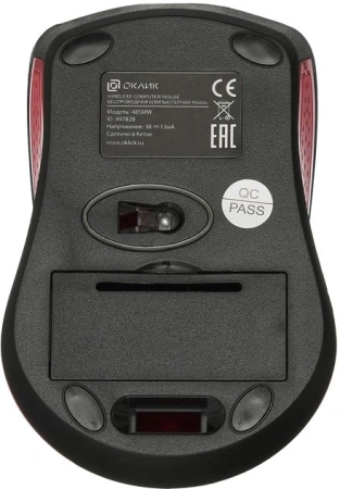 Мышь Оклик 485MW черный/красный оптическая (1200dpi) беспроводная USB для ноутбука (3but)