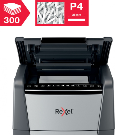Шредер Rexel Optimum AutoFeed 300X черный с автоподачей (секр.P-4) фрагменты 300лист. 60лтр. скрепки скобы пл.карты