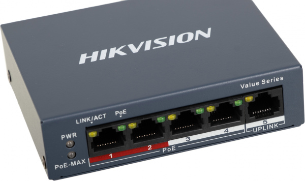 Коммутатор Hikvision DS-3E0105P-E/M(B) 4x100Mb 4PoE+ 35W неуправляемый