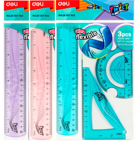 Набор для чертежей Deli EH22 корпус ассорти пластик в компл.:линейка 20см/транспортир/угольник
