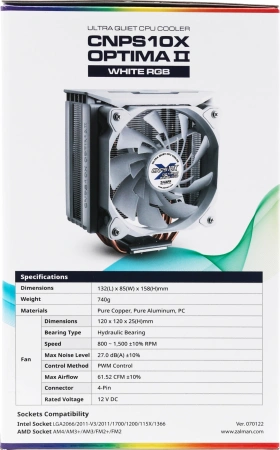Устройство охлаждения(кулер) Zalman CNPS10X Optima II White RGB Soc-AM4/1151/1200/2066 4-pin 17-27dB Al+Cu 180W 740gr LED Ret