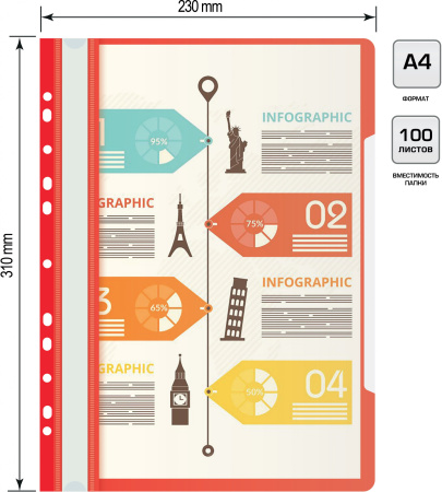 Папка-скоросшиватель Бюрократ PS-P20RED A4 прозрач.верх.лист боков.перф. пластик красный