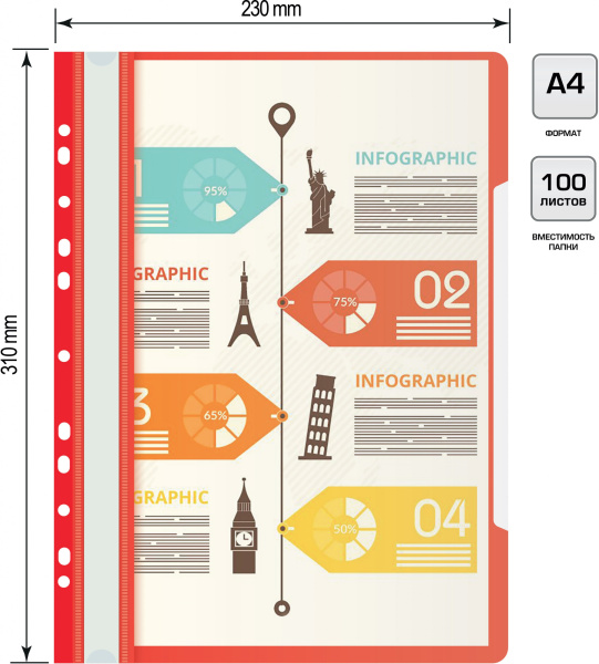 Папка-скоросшиватель Бюрократ PS-P20RED A4 прозрач.верх.лист боков.перф. пластик красный