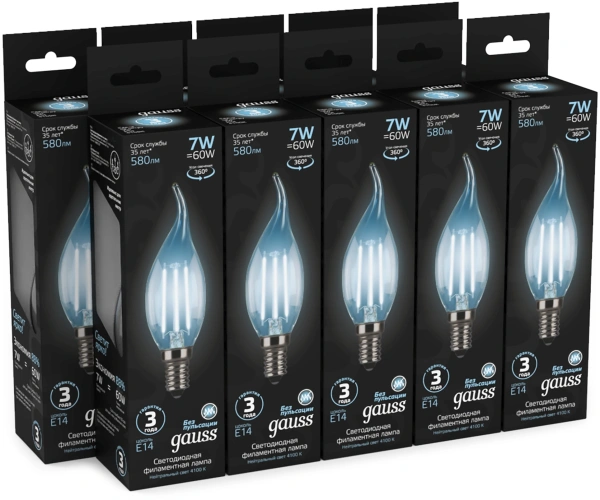 Лампа филам. Gauss Filament 7Вт цок.:E14 свеча 220B св.свеч.бел.нейт. CF35 (упак.:10шт) (104801207)