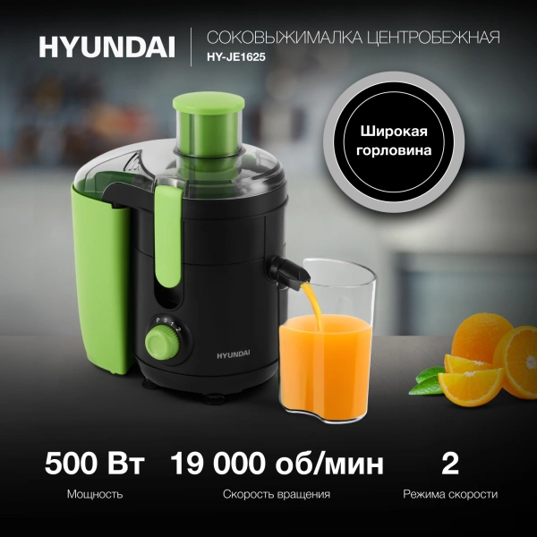 Соковыжималка центробежная Hyundai HY-JE1625 500Вт рез.сок.:400мл. черный/зеленый