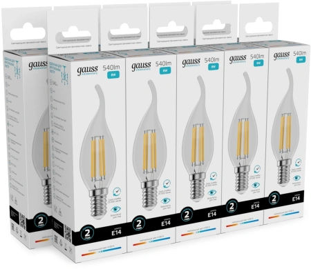 Лампа филам. Gauss Filament 8Вт цок.:E14 свеча св.свеч.бел.нейт. (упак.:10шт) (42128)