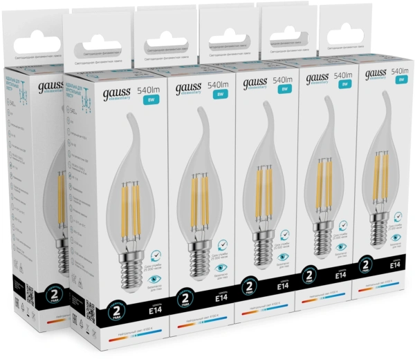 Лампа филам. Gauss Filament 8Вт цок.:E14 свеча св.свеч.бел.нейт. (упак.:10шт) (42128)