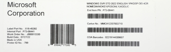 ПО Microsoft Windows Server Standard 2022 Eng 1pkDSP OEI 4Cr NoMedia/NoKey(POSOnly)AddLic (P73-08441)