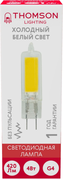 Лампа светодиодная Thomson TH-B4219 4Вт цок.:G4 капсул. 220B 6500K св.свеч.бел.хол. (упак.:1шт)