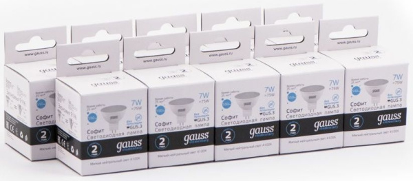 Лампа светодиодная Gauss Elementary MR16 7Вт цок.:GU5.3 спот 220B 4100K св.свеч.бел.нейт. MR16 (упак.:10шт) (13527)