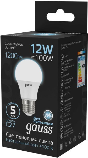 Лампа светодиодная Gauss A60 12Вт цок.:E27 шар 220B 4100K св.свеч.бел.нейт. A60 (упак.:10шт) (102502212)