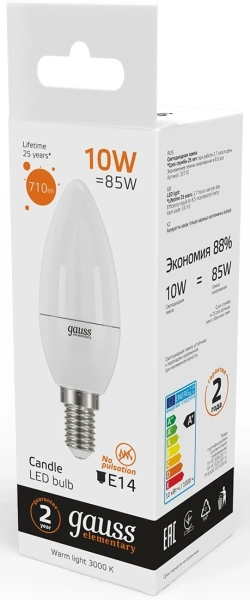 Лампа светодиодная Gauss Elementary 10Вт цок.:E14 свеча 220B 3000K св.свеч.бел.теп. (упак.:1шт) (33110)