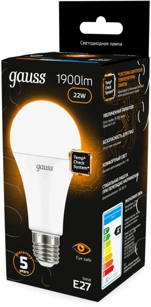 Лампа светодиодная Gauss A70 22Вт цок.:E27 (упак.:10шт) груша 220B св.свеч.бел.теп. (102502122)