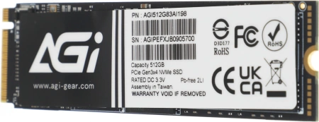 Накопитель SSD AGi PCIe 3.0 x4 512GB AGI512G83AI198 AI198 M.2 2280 OEM