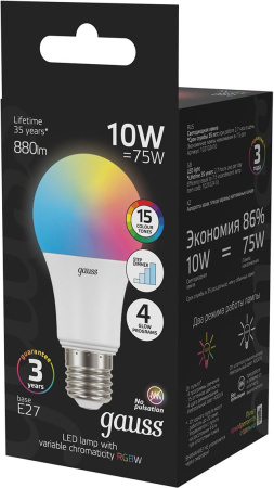 Лампа светодиодная Gauss 102102410 10Вт цок.:E27 груша 220B св.свеч.RGB A60 (упак.:1шт)