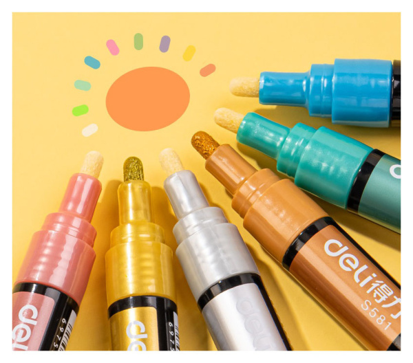 Маркер краска Deli S581 круглый пиш. наконечник 2мм 6цв. пакет с европодвесом (6шт.)