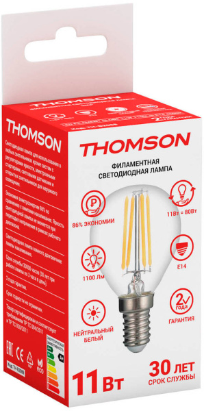 Лампа светодиодная Thomson Filament TH-B2088 11Вт цок.:E14 шар 220B 4500K св.свеч.бел.нейт. Globe (упак.:1шт)