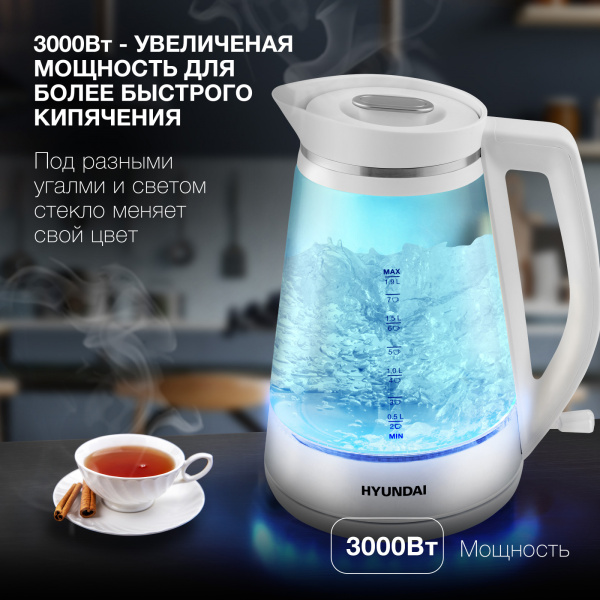 Чайник электрический Hyundai HYK-G3037 1.9л. 3000Вт белый/прозрачный (корпус: стекло)