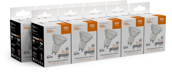Лампа светодиодная Gauss Basic 8Вт цок.:GU10 софит св.свеч.теп.св./дневн. (упак.:10шт) (10106182)