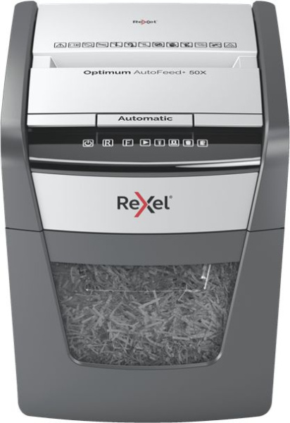 Шредер Rexel Optimum AutoFeed 50X черный с автоподачей (секр.P-4) фрагменты 50лист. 20лтр. скрепки скобы пл.карты