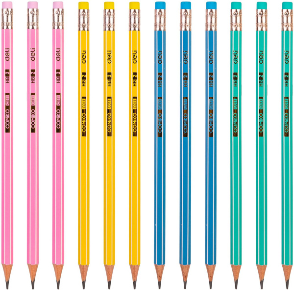 Карандаш ч/г Deli EC011-HB Comiko HB шестигран. липа кор.европод. (12шт) ластик