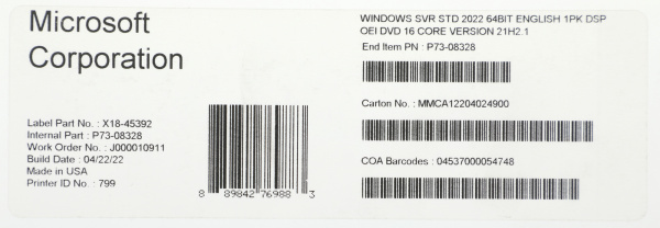 Операционная система Microsoft Windows Server Standard 2022 64Bit Eng 1pk DSP OEI DVD 16 Core (P73-08328)