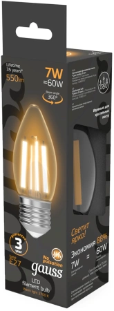 Лампа филам. Gauss Filament 7Вт цок.:E27 свеча 220B св.свеч.бел.теп. (упак.:10шт) (103802107)