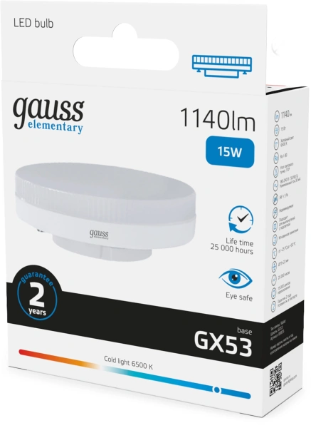 Лампа светодиодная Gauss Elementary 83835 15Вт цок.:GX53 таблетка 180B св.свеч.бел.хол. (упак.:10шт)