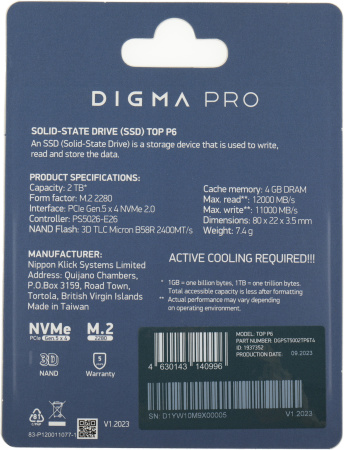 Накопитель SSD Digma Pro PCIe 5.0 x4 2000GB DGPST5002TP6T4 Top P6 M.2 2280