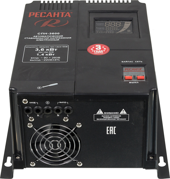Стабилизатор напряжения Ресанта СПН-3600 однофазный черный (63/6/25)