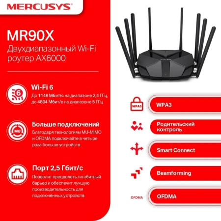 Роутер беспроводной Mercusys MR90X AX6000 100/1000/2500BASE-T черный