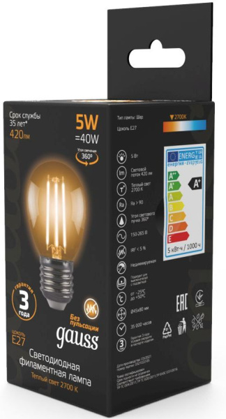 Лампа филам. Gauss 5Вт цок.:E27 шар 220B 2700K св.свеч.бел.теп. G45 (упак.:10шт) (105802105)