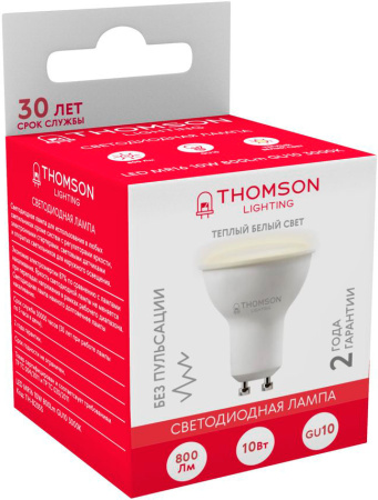 Лампа светодиодная Thomson TH-B2055 10Вт цок.:GU10 полусф. 220B 3000K св.свеч.бел.теп. MR16 (упак.:1шт)