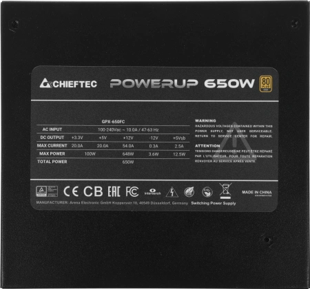 Блок питания Chieftec ATX 650W PowerUp GPX-650FC 80+ gold 24+2x(4+4) pin APFC 120mm fan 9xSATA Cab Manag RTL