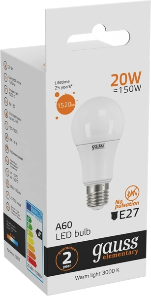 Лампа светодиодная Gauss Elementary A60 20Вт цок.:E27 груша 220B 3000K св.свеч.бел.теп. A60 (упак.:1шт) (23219)