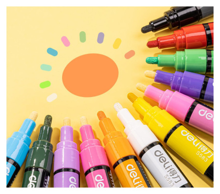 Маркер краска Deli S583 круглый пиш. наконечник 2мм 12цв. пакет с европодвесом (12шт.)