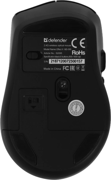 Мышь Defender Effect X MS-095 черный оптическая 1600dpi беспров. USB 5but (52095)