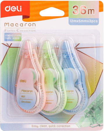 Лента коррект. Deli EH333 12мx5мм ассорти корпус белый блистер (упак.:3шт)