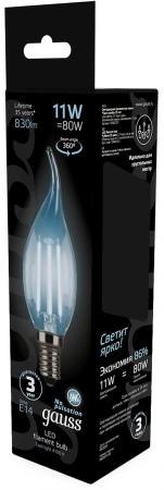 Лампа филам. Gauss Filament 11Вт цок.:E14 (упак.:10шт) свеча 220B св.свеч.бел.нейт. CF35 (104801211)