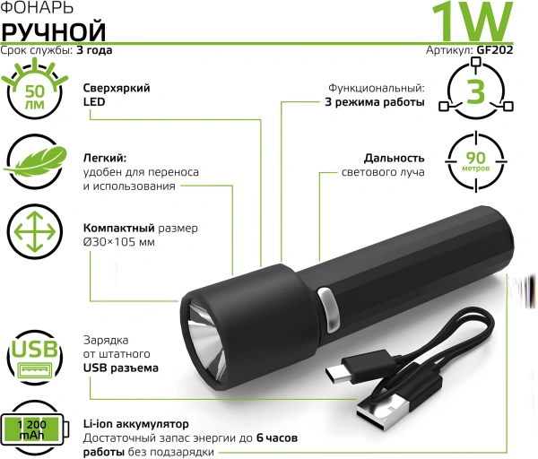 Фонарь ручной Gauss GFL202 черный 1Вт лам.:светодиод. (GF202)