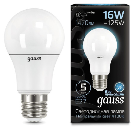 Лампа светодиодная Gauss A60 16Вт цок.:E27 груша 220B 4100K св.свеч.бел.нейт. (упак.:10шт) (102502216)