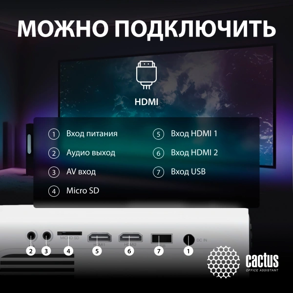 Проектор Cactus CS-PRM.07WT.Full HD LCD 3200Lm LS 320Lm ANSI 1500:1 (30000час) 1xUSB typeA 3xHDMI 1.