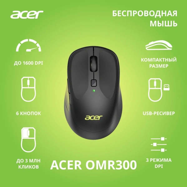 Мышь Acer OMR300 черный оптическая (1600dpi) беспроводная USB (6but)