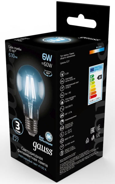 Лампа филам. Gauss Filament A60 6Вт цок.:E27 груша 220B 4100K св.свеч.бел.нейт. (упак.:1шт) (102802206)