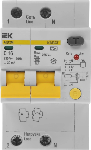 Выключатель автом. дифф. тока IEK MAD12-2-016-C-030 АД12М 16A тип C 4.5kA 30мА A 2П 230В 3мод белый (упак.:1шт)