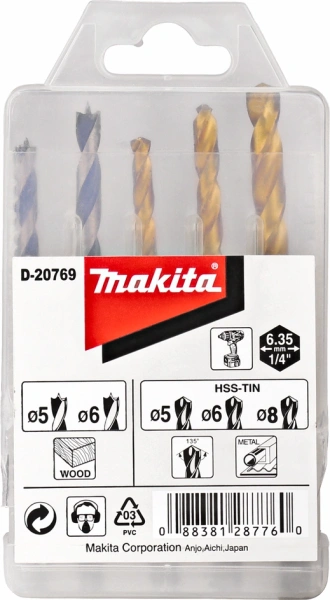 Набор сверл Makita D-20769 по дер/мет (5пред.) для шуруповертов/дрелей