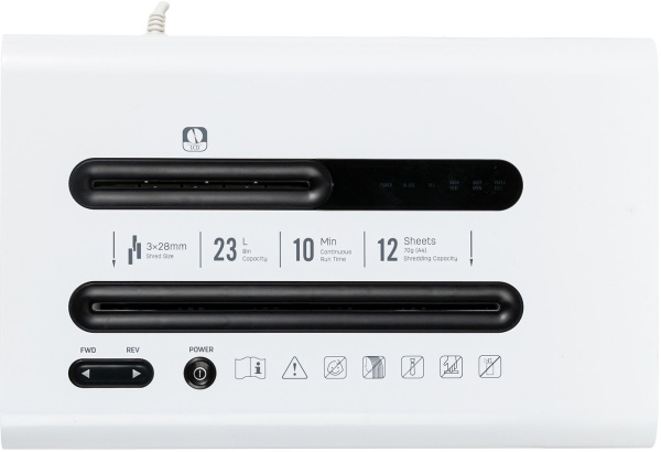 Шредер Deli E9903-EU белый/черный (секр.P-4) фрагменты 12лист. 23лтр. скрепки скобы пл.карты CD