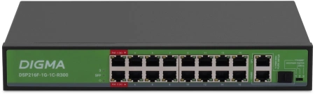 Коммутатор Digma DSP216F-1G-1C-R300 16x100Мбит/с 1x1Гбит/с 1xКомбо(1000BASE-T/SFP) 16PoE 16PoE+ 2PoE